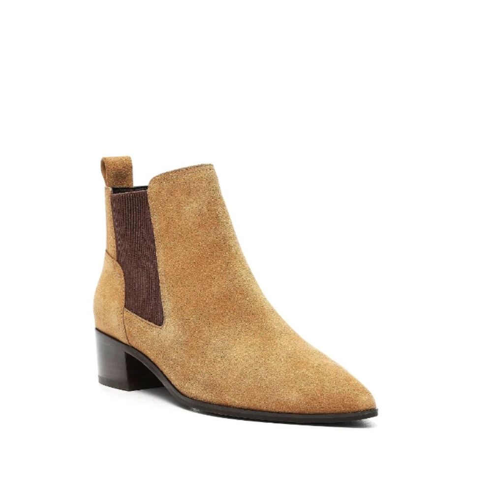 Donald Pliner Gerri Chelsea Boot Size 9 Tan Suede Heeled Bootie Beatle Brown Mod